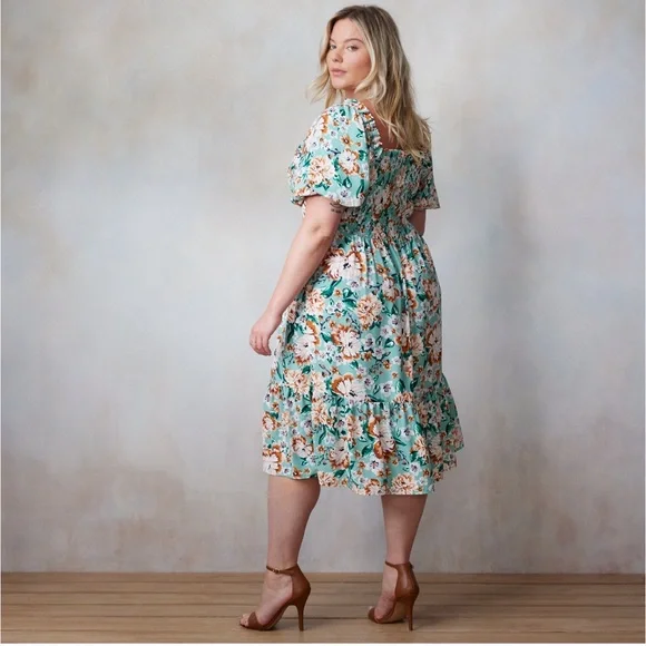 Plus Size LC Lauren Conrad Balloon Sleeve Smocked Floral Midi Dress - Picture 2 of 12